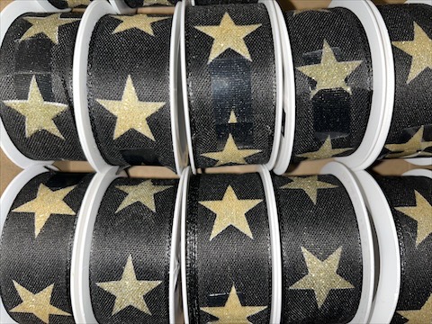 Vánoční stuha černá Hvězdy zlaté 25 mm x 2 m