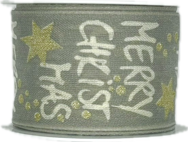 Vánoční stuha látková MERRY CHRISTMAS stříbrná 40mm x 2m (14,-Kč/m)