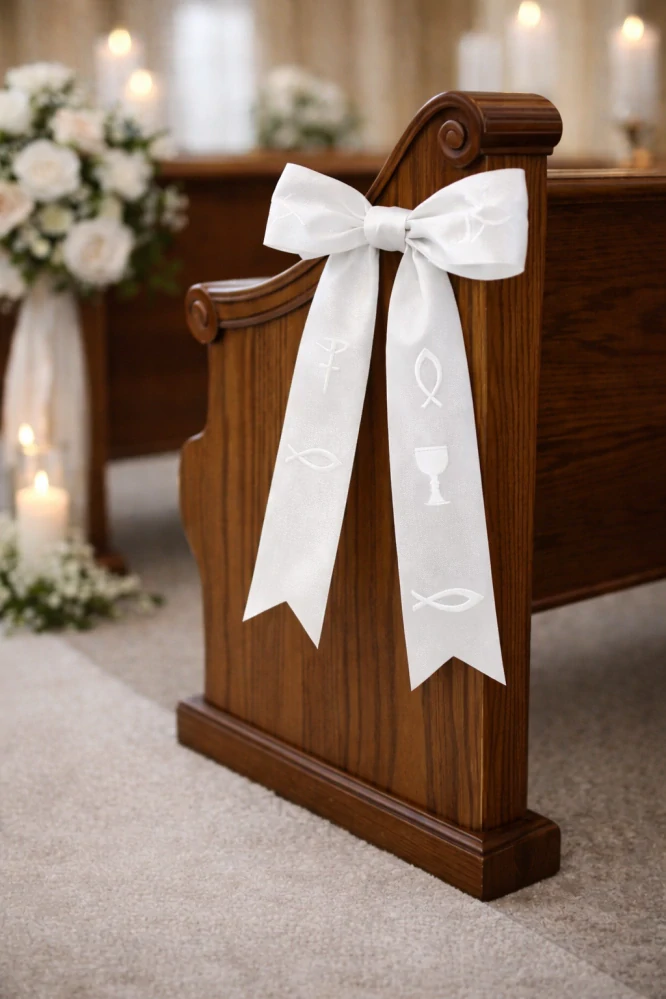 Saténová stuha „Víra & Naděje“ – kalich a ryba, bílá 40mm x 2m 