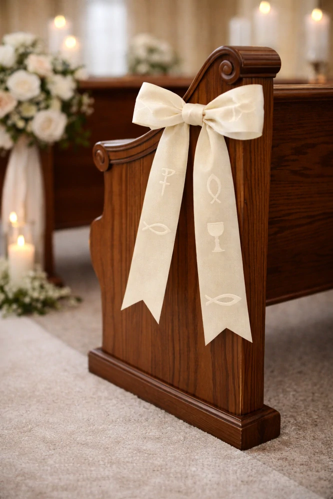 Saténová stuha „Víra & Naděje“ – kalich a ryba, smetanová 40mm x 2m 