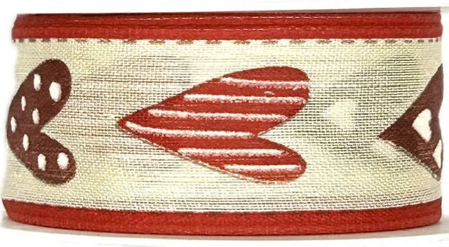 Bavlněná stuha HEART VINTAGE červená – romantická srdce, svatební, valentýnská 25mm x 2m