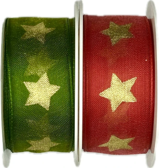 Stuha vánoční organzová GOLD STAR RED červená 25mm x 2m (10,-Kč/m)