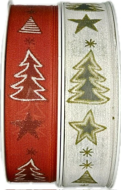 POSLEDNÍ KUSY! Stuha vánoční TREES & STARS červená 25mm x 20m ( 5,-Kč/m)