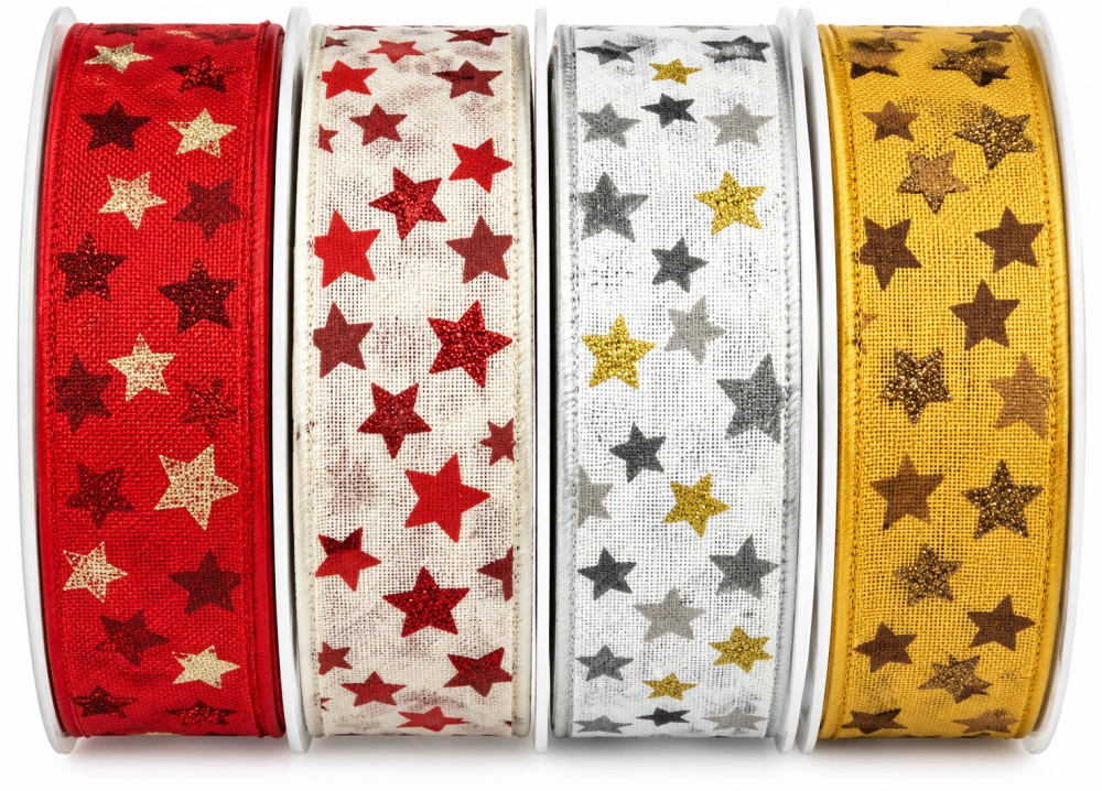 Stuha vánoční CELESTIAL CREME krémová s červenými hvězdami 25mm x 20m