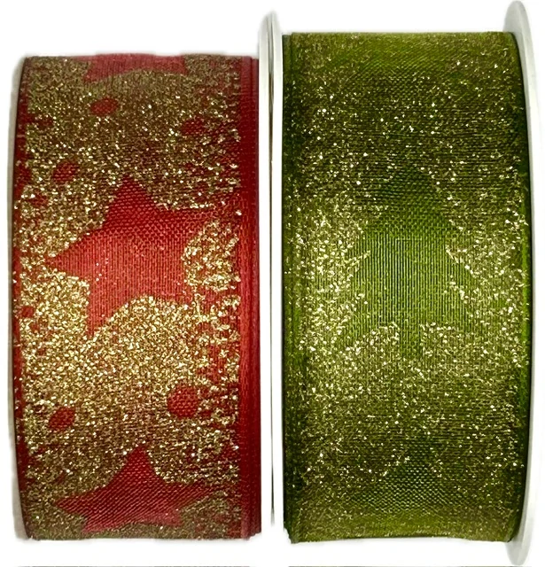 Vánoční stuha organzová GLAMOUR TREES zelená 25mm x 2,5m (10,-Kč/m)