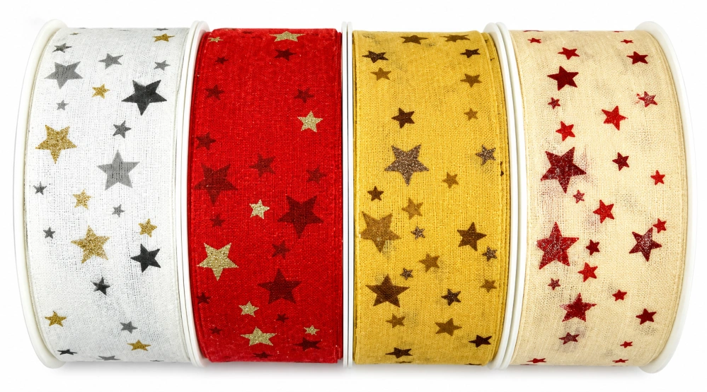 Stuha vánoční CELESTIAL CREME krémová s červenými hvězdami 40mm x 20m