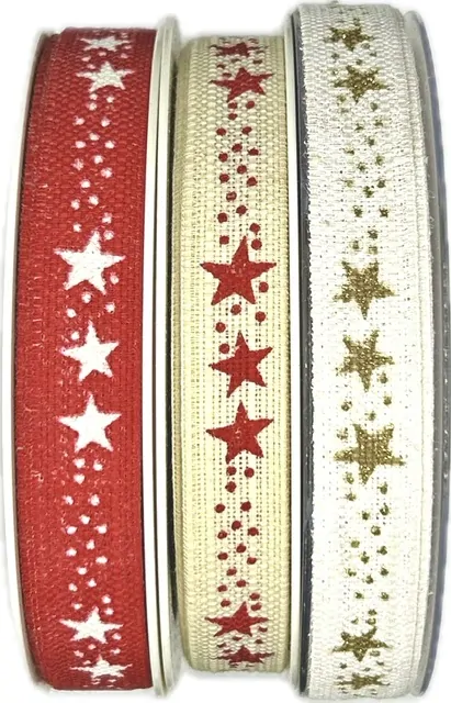 Vánoční stuha lněná STAR CHAIN CREAM krémová 15mm x 20m ( 5,50 Kč/m)