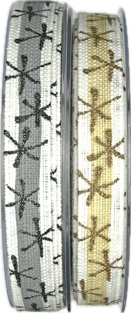 Vánoční stuha lněná CRAZY SNOWFLAKES stříbrná 15mm x 20m ( 6,- Kč/m)