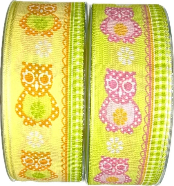 Stuha bavlněná dětská FUNNY OWL PINK zelená 40mm x 20m A (9,-Kč/m)