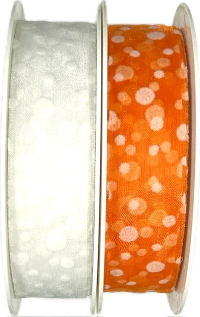 Stuha organzová SPOTS transparentní, oranžová 25mm x 20m (7,-Kč/m)