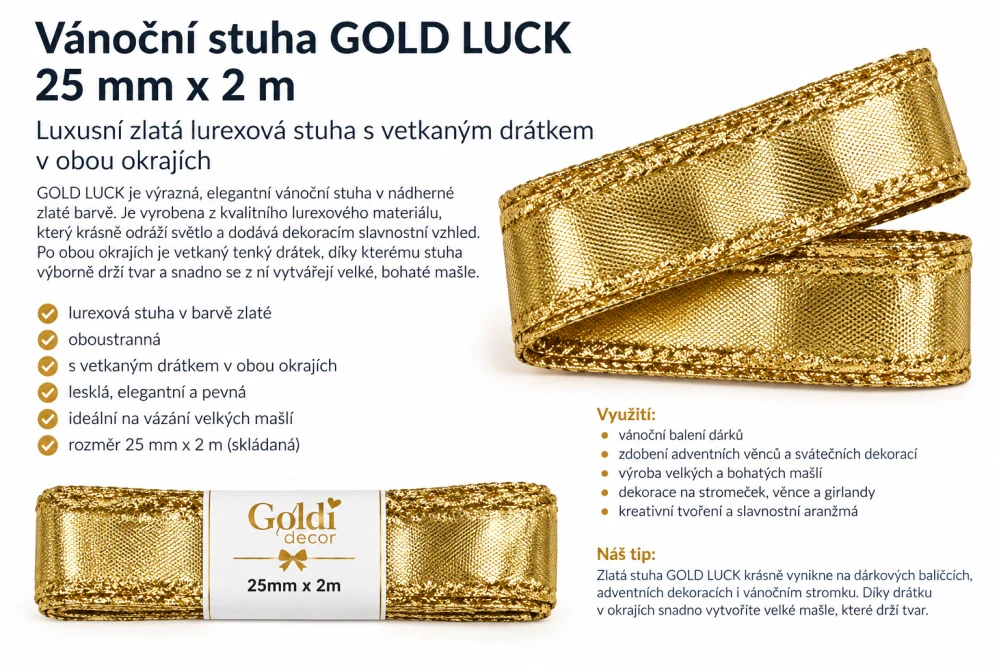 Stuha lurexová zlatá GOLD LUCK 25mm x 2m (7,50Kč/m)