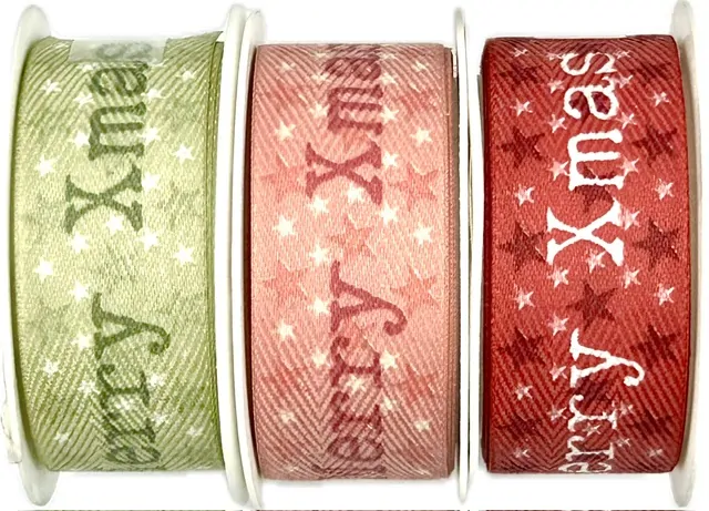 Vánoční stuha X-MAS STARS pastelově růžová 25mm x 2m (5,-Kč/m)