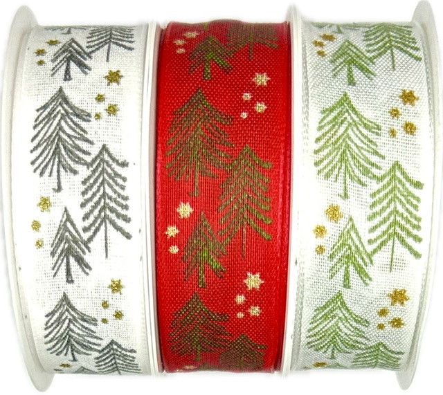 Stuha vánoční X-MAS TREES RED červená 25mm x 3m (9,-Kč/m)