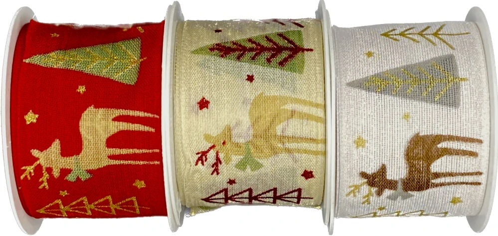Vánoční bavlněná stuha WINTER FOREST DEER RED červená 40mm x 2m (14,-Kč/m)