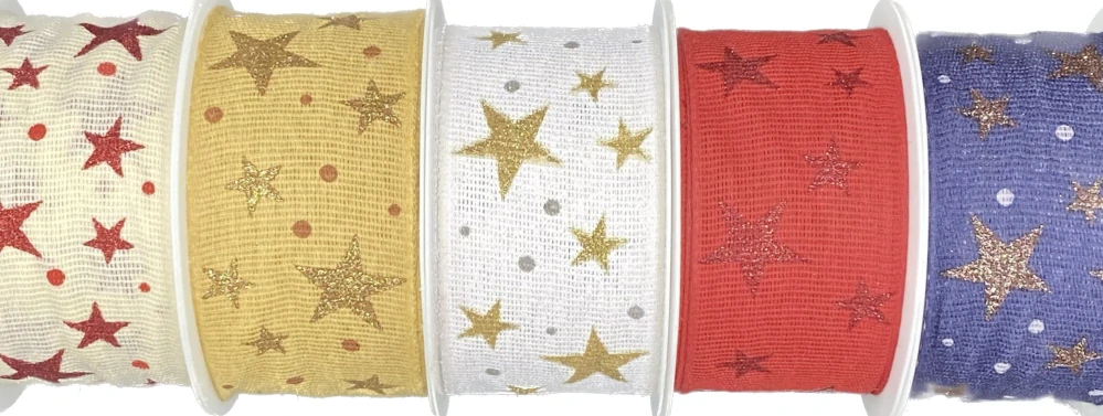 Vánoční bavlněná stuha STAR LIGHT CREAM krémová 40mm x 2m (14,-Kč/m)