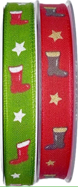 Stuha vánoční WINTER BOOTS GREEN zelená 15mm x 20m (5,50Kč/m)