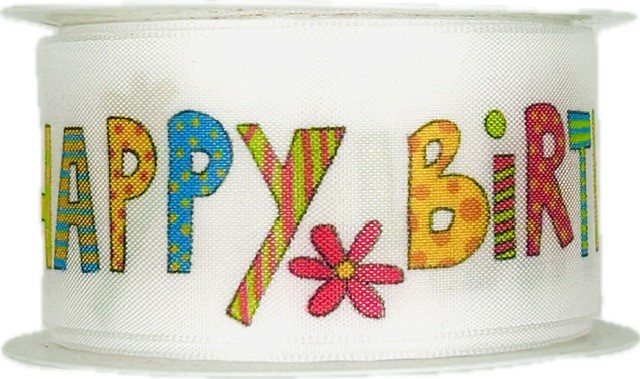Stuha narozeninová HAPPY BIRTHDAY bílá 40mm x 2m (13,- Kč/m)