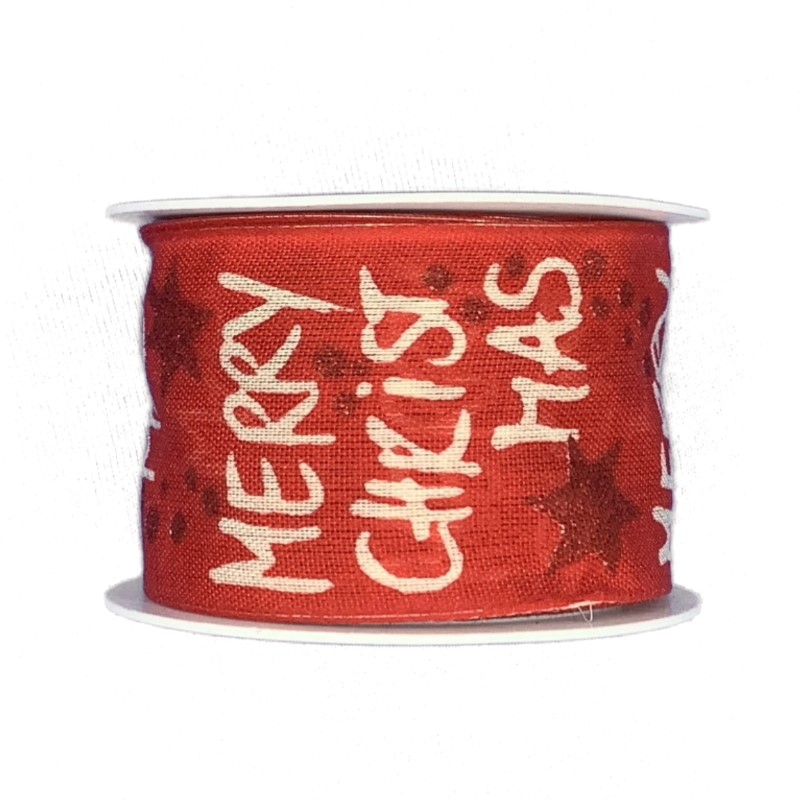 Set 6ks Vánoční látková stuha MERRY CHRISTMAS RED červená 40mm x 2m (5,-Kč/m)