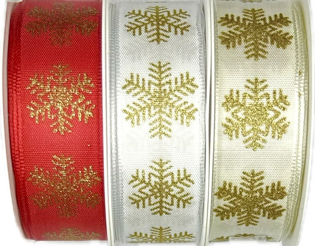 Stuha vánoční WINTER GOLD FLAKES RED červená 25mm x 3m (10,-Kč/m)