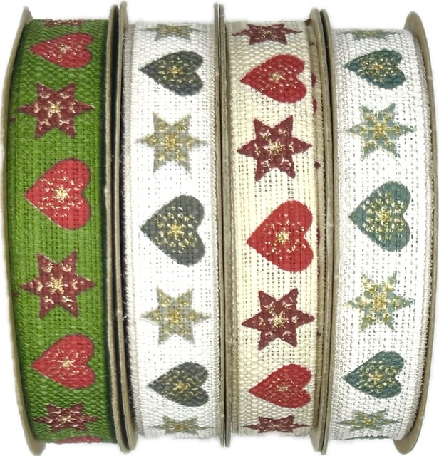 Stuha vánoční lněná HEARTS & STARS WHITE GREEN bílá 15mm x 3m (9,-Kč/m)