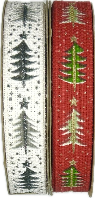Stuha vánoční lněná SIMPLE FROSTED TREES WHITE bílá 15mm x 3m (10,-Kč/m)