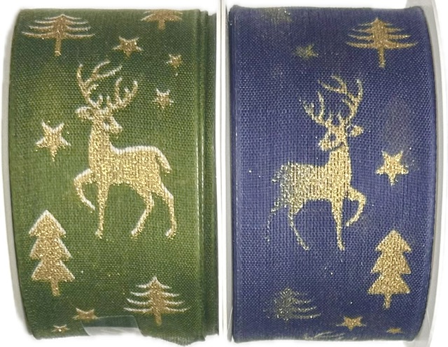 Stuha vánoční WOODLAND REINDEER MIDNIGHT tmavě modrá 40mm x 2m (14,-Kč/m)