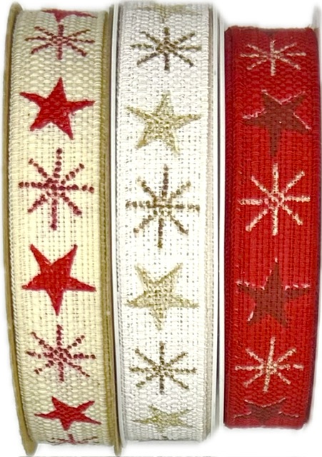 Stuha vánoční lněná NORDIC LINEN STARS CREAM & RED krémová 15mm x 4m (8,-Kč/m)