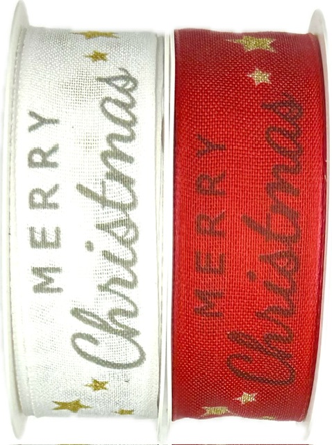 Stuha vánoční MERRY CHRISTMAS SCRIPT RED červená 25mm x 3m (5,-Kč/m)