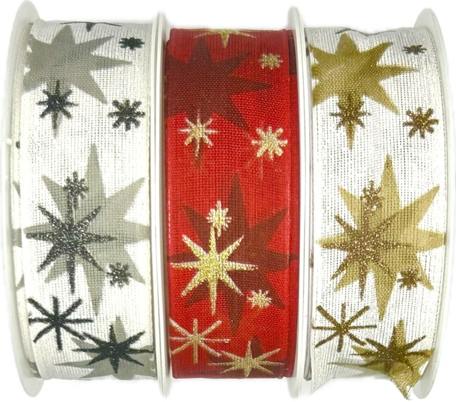 Stuha vánoční AURORA STARS BEIGE bílá 25mm x 3m (12,-Kč/m)