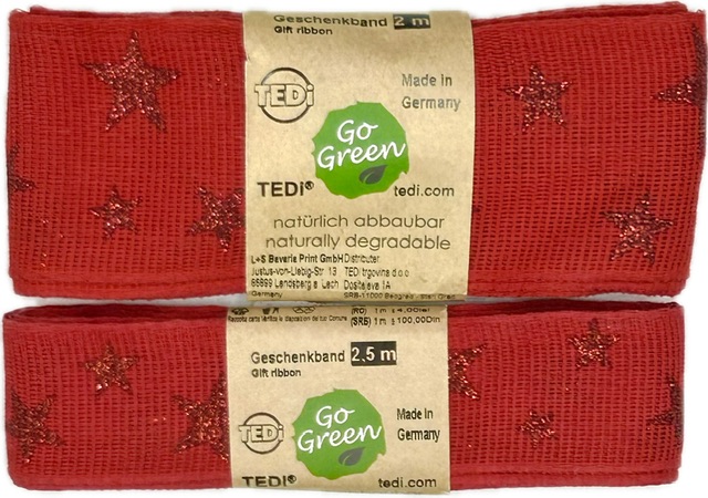 Stuha vánoční lněná STAR LIGHT RED červená 40mm x 2m (15,-Kč/m)