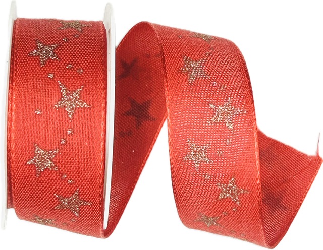 Vánoční stuha červená Zlaté hvězdy 25 mm x 2 m