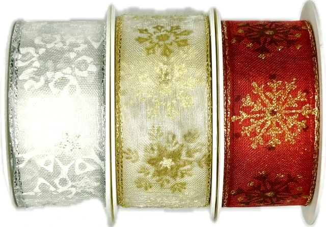 Vánoční stuha organzová GOLD SNOWFLAKES RED 25mm x 2mm (11,-Kč/m)