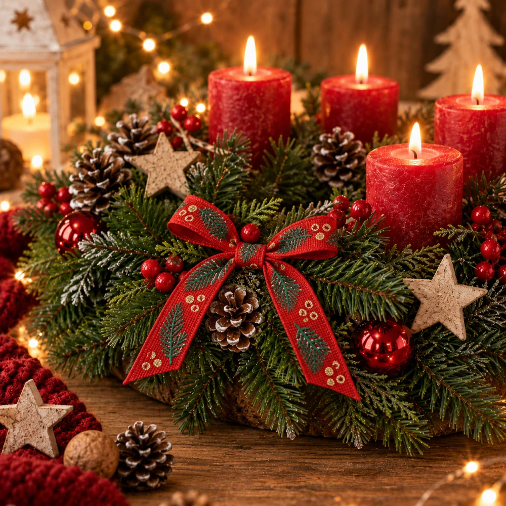 Stuha vánoční HOLLY CHARM RED červená 15mm x 3m – skládaná