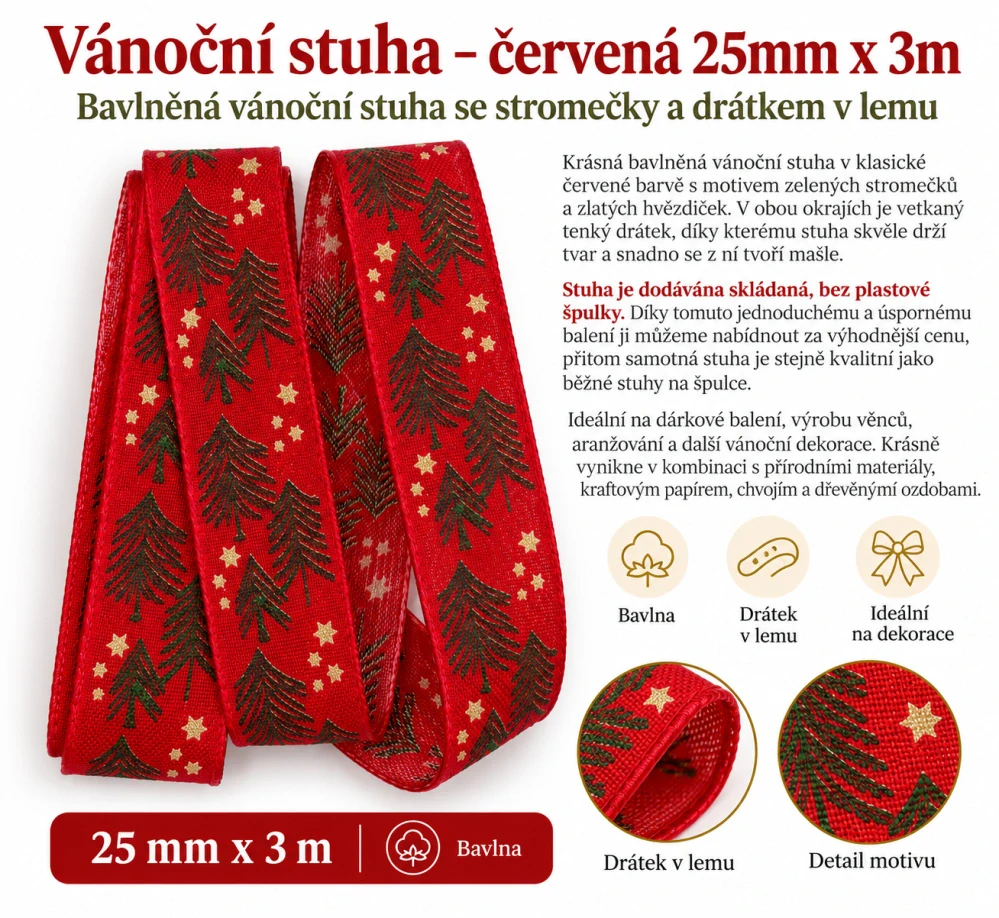 Vánoční stuha Stromky – červená 25mm x 3m