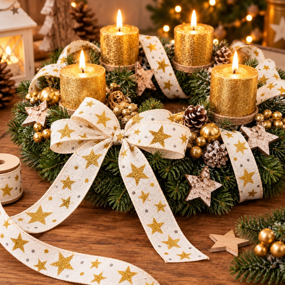 Stuha vánoční ADVENTNÍ HVĚZDY bílá se zlatými glitrovými hvězdami 15mm x 2m