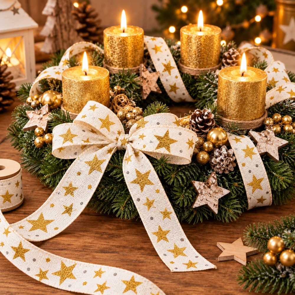 Stuha vánoční ADVENTNÍ HVĚZDY bílá se zlatými glitrovými hvězdami 40mm x 2m