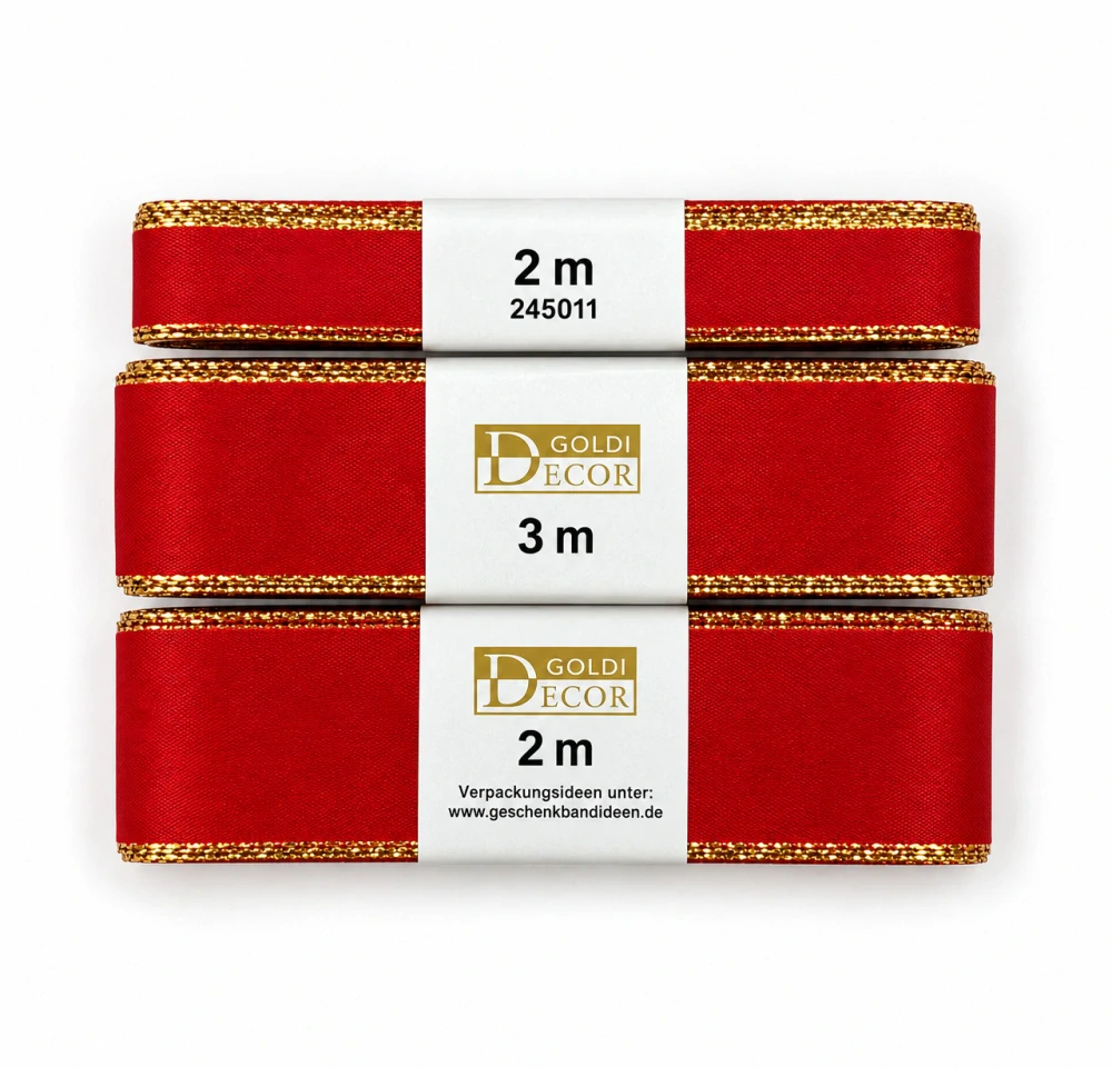 Stuha vánoční taftová ČERVENÁ se zlatým lemem 25mm x 3m