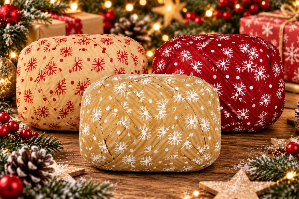 Vánoční vázací stuha MEGA NATURO RED Vločky bílé (velké Mega klubko)10mm x 12m