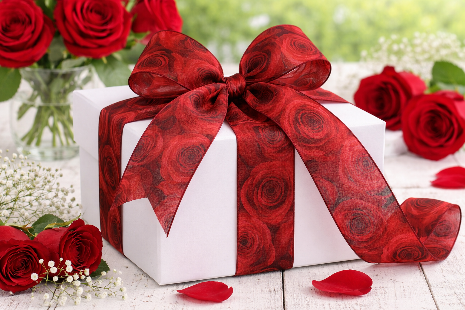RED ROSES – taftová stuha s potiskem červených růží 40mm × 2m