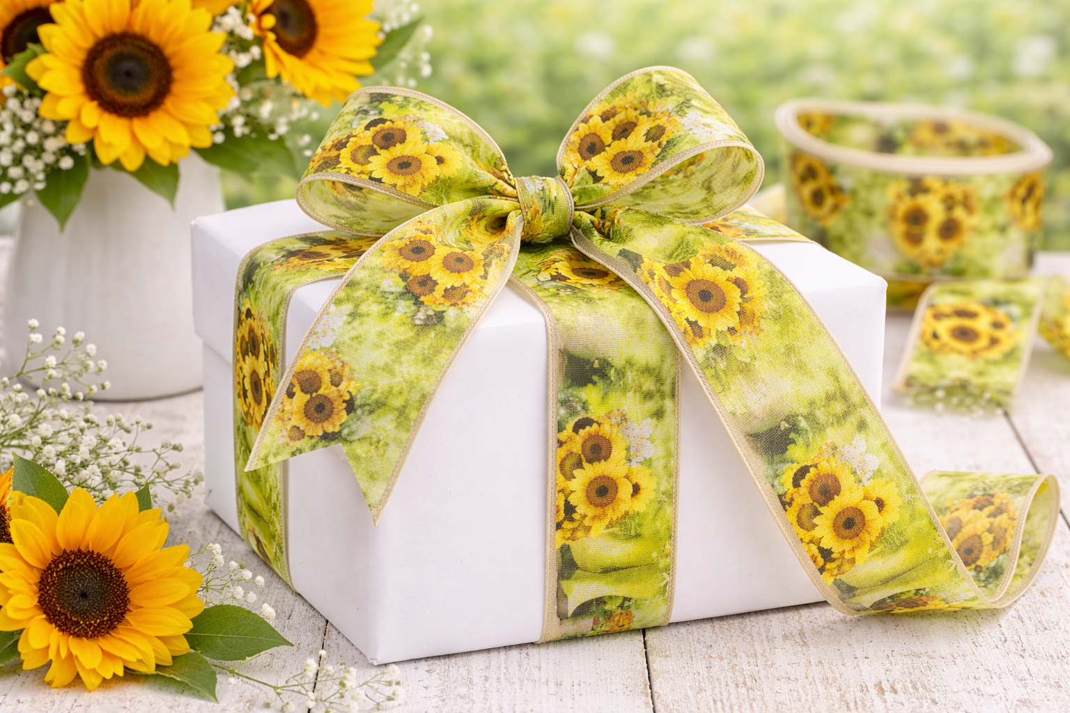 Taftová stuha SUNFLOWER GARDEN – letní zahradní motiv se slunečnicemi 40mm x 2m (9,-Kč/m)