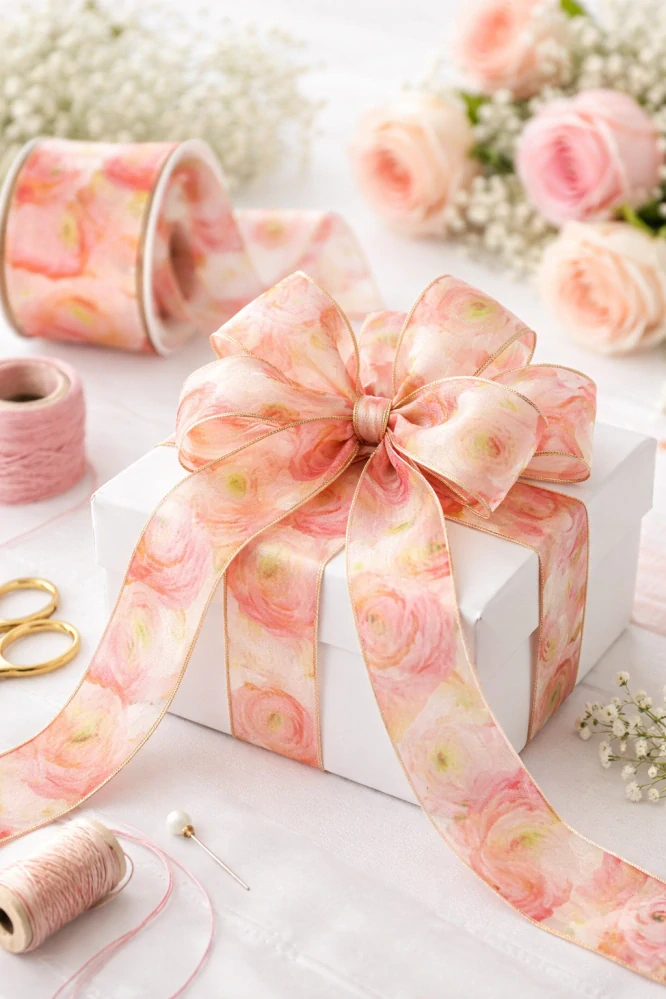 Taftová stuha PINK ROSES – romantický květinový motiv