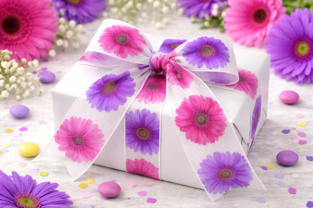 Stuha taftová fotopotisk GERBERA PURPLE 40mm x 2m (13,-Kč/m) 