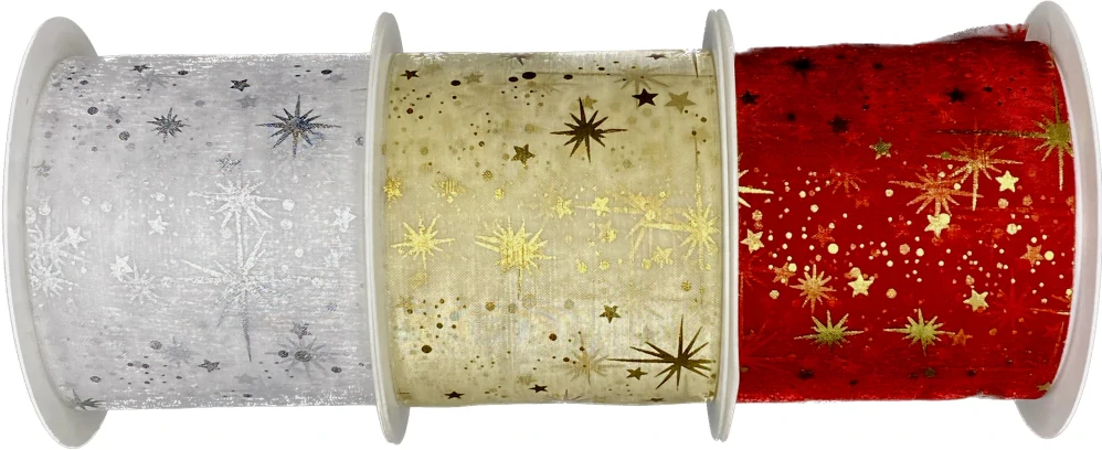 Vánoční stuha organzová ORGANDY STARS červená 40mm x 3m (13,-Kč/m)