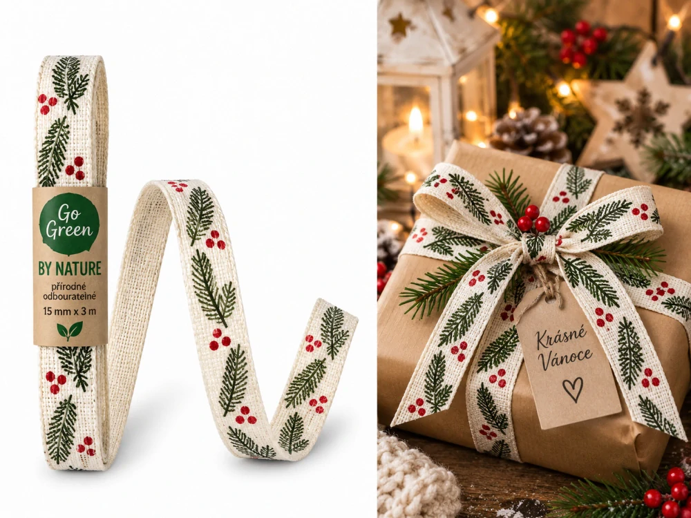 Stuha vánoční HOLLY CHARM CREME krémová 15mm x 3m – skládaná