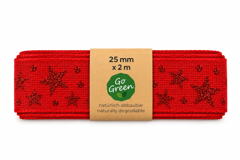 Stuha vánoční ADVENTNÍ HVĚZDY červená s červenými glitrovými hvězdami 25mm x 2m