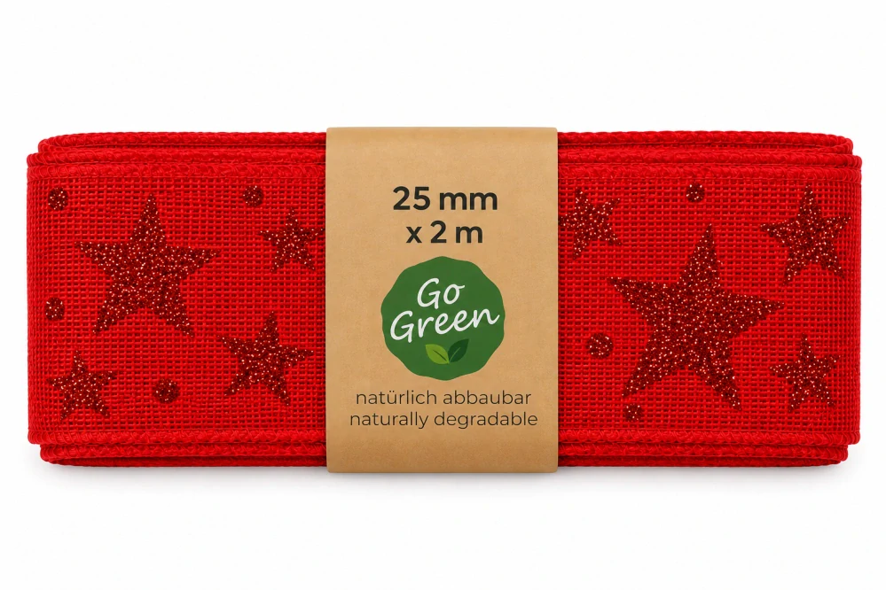 Stuha vánoční ADVENTNÍ HVĚZDY červená s červenými glitrovými hvězdami 40mm x 2m