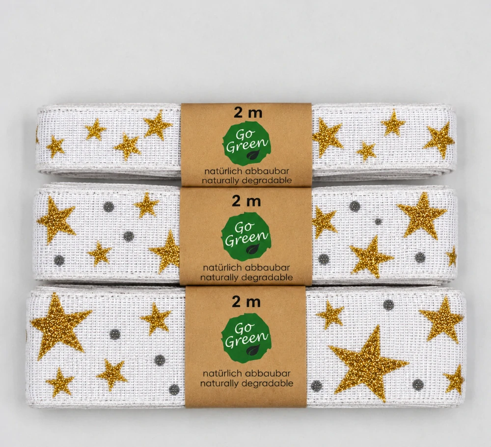 Stuha vánoční ADVENTNÍ HVĚZDY bílá se zlatými glitrovými hvězdami 25mm x 2m