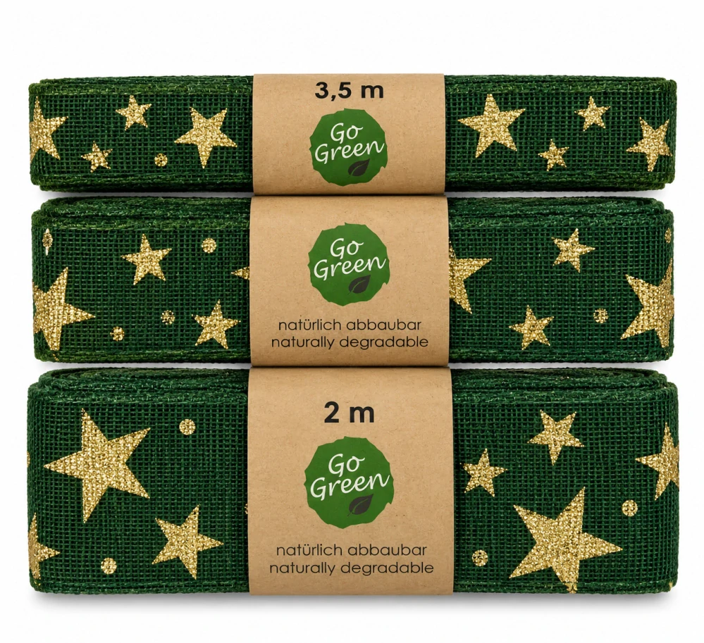 Stuha vánoční ADVENTNÍ HVĚZDY zelená se zlatými hvězdami 25mm x 2m