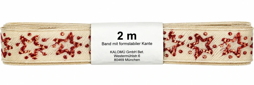 Vánoční stuha RED STAR NATUR potisk hvězdy červené 15mm x 2m (6,- Kč/m)