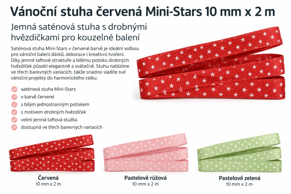 Vánoční stuha růžová Mini Stars 10mm x 2m (5,-Kč/m)
